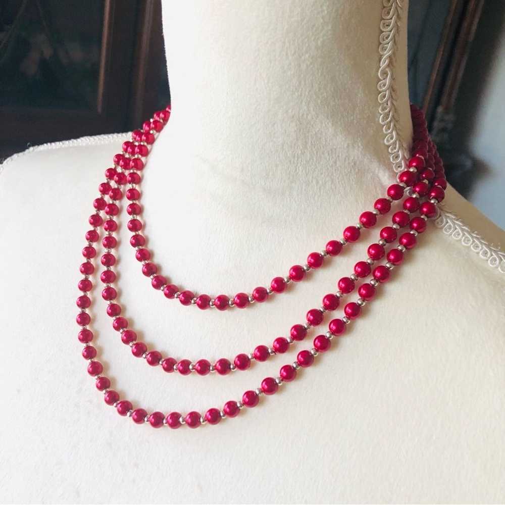 Handmade Handcrafted triple strand red Pearl genu… - image 8