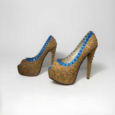 Red Kiss Studded Ruby Blue Cork High Heels Dancer 