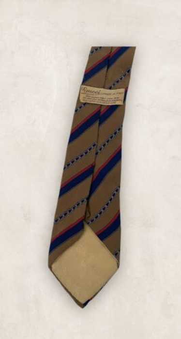 【新品】VINTAGE GUCCI TIE brown/Blue Stripe Vintage GUCCI GG Brown Blue Green 100% Silk Equestrian