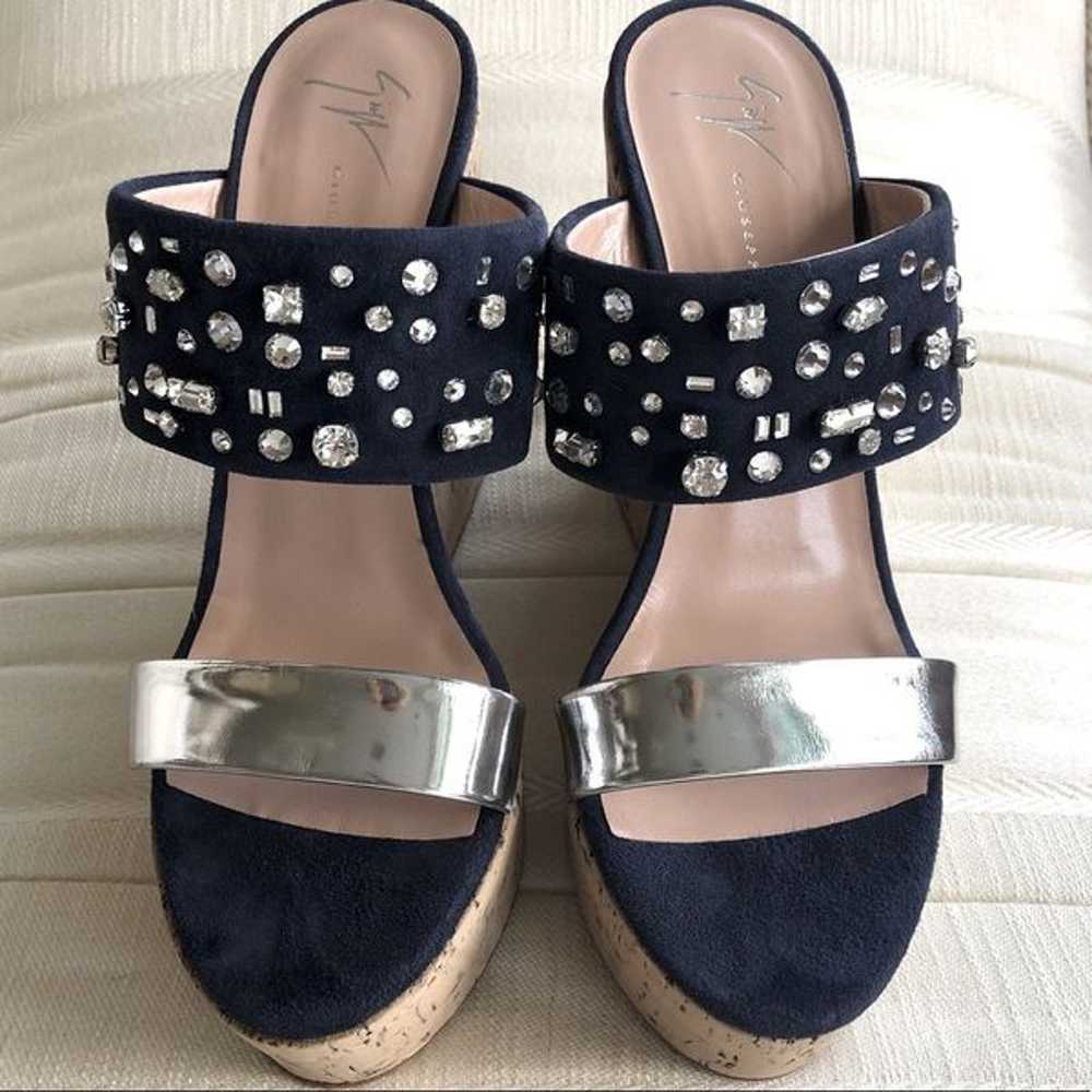 Giuseppe Zanotti Navy Suede / Rhinestone Sandals - image 1