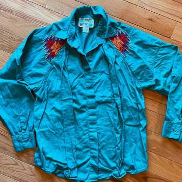 Vintage Wrangler Shirt Womens Sz Med Teal Turquoi… - image 1