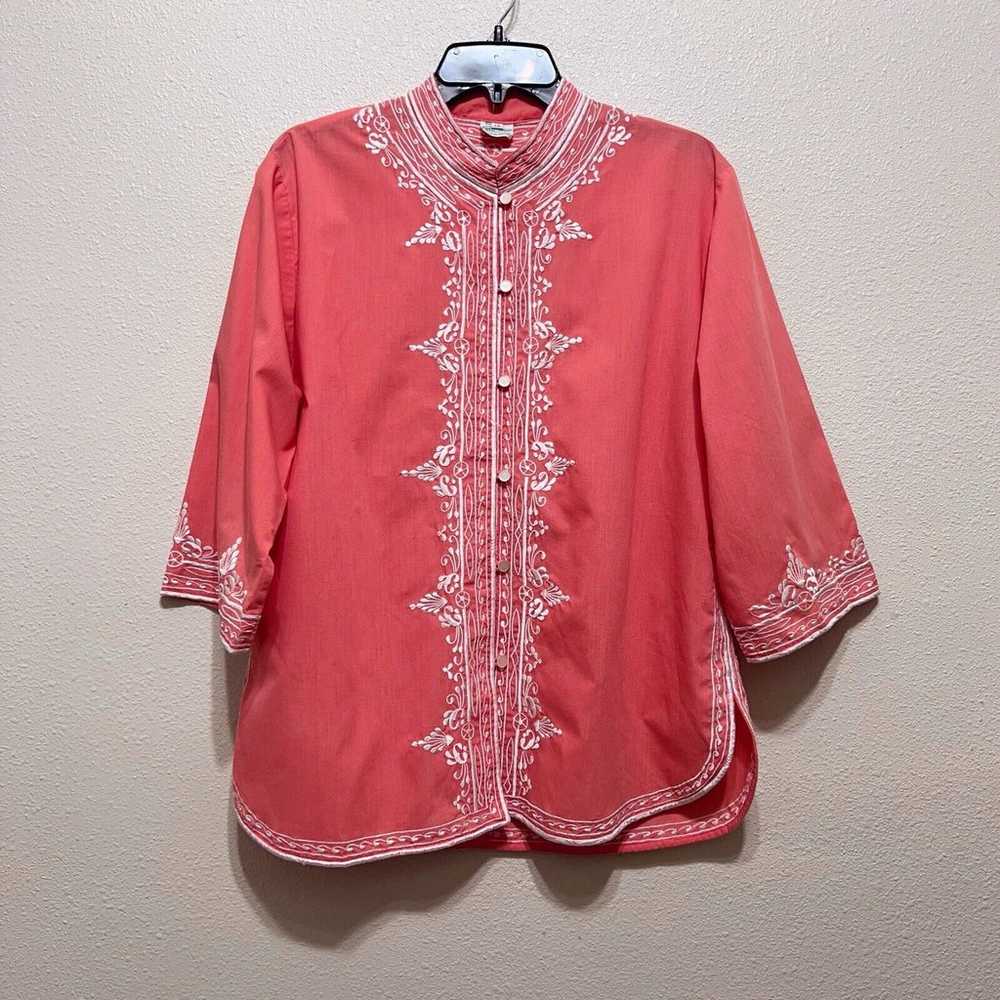 Vintage 70s Floral Embroidery Coral Pink Button U… - image 2