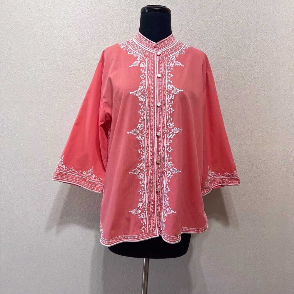 Vintage 70s Floral Embroidery Coral Pink Button U… - image 4