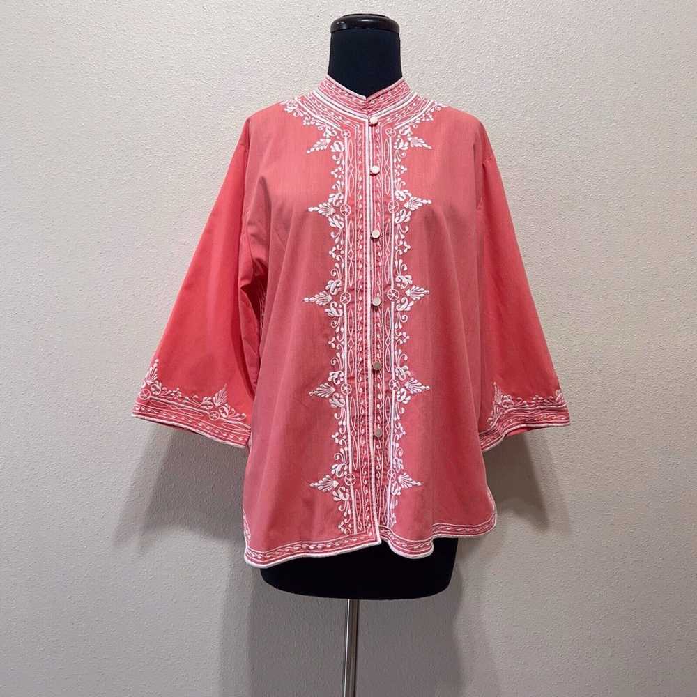 Vintage 70s Floral Embroidery Coral Pink Button U… - image 9