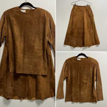 Vintage Brown Suede Leather Top and A Line Skirt … - image 1