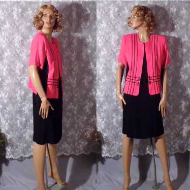 Vintage 80s Dress & Jacket Set 1980s Pink and Bla… - image 1