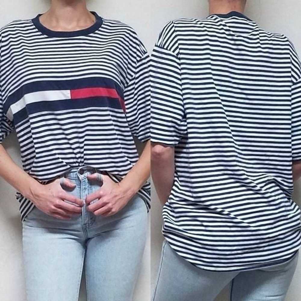 Vintage Tommy Hilfiger Blue Striped Flag Crew Tee - image 1