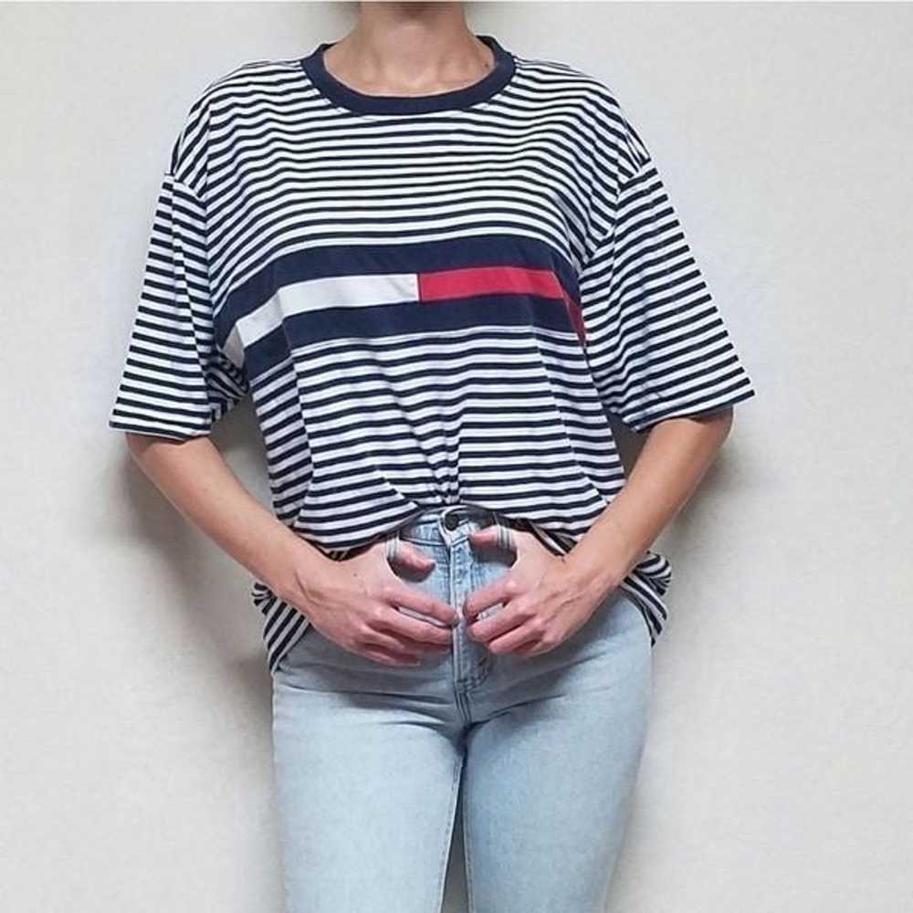 Vintage Tommy Hilfiger Blue Striped Flag Crew Tee - image 2