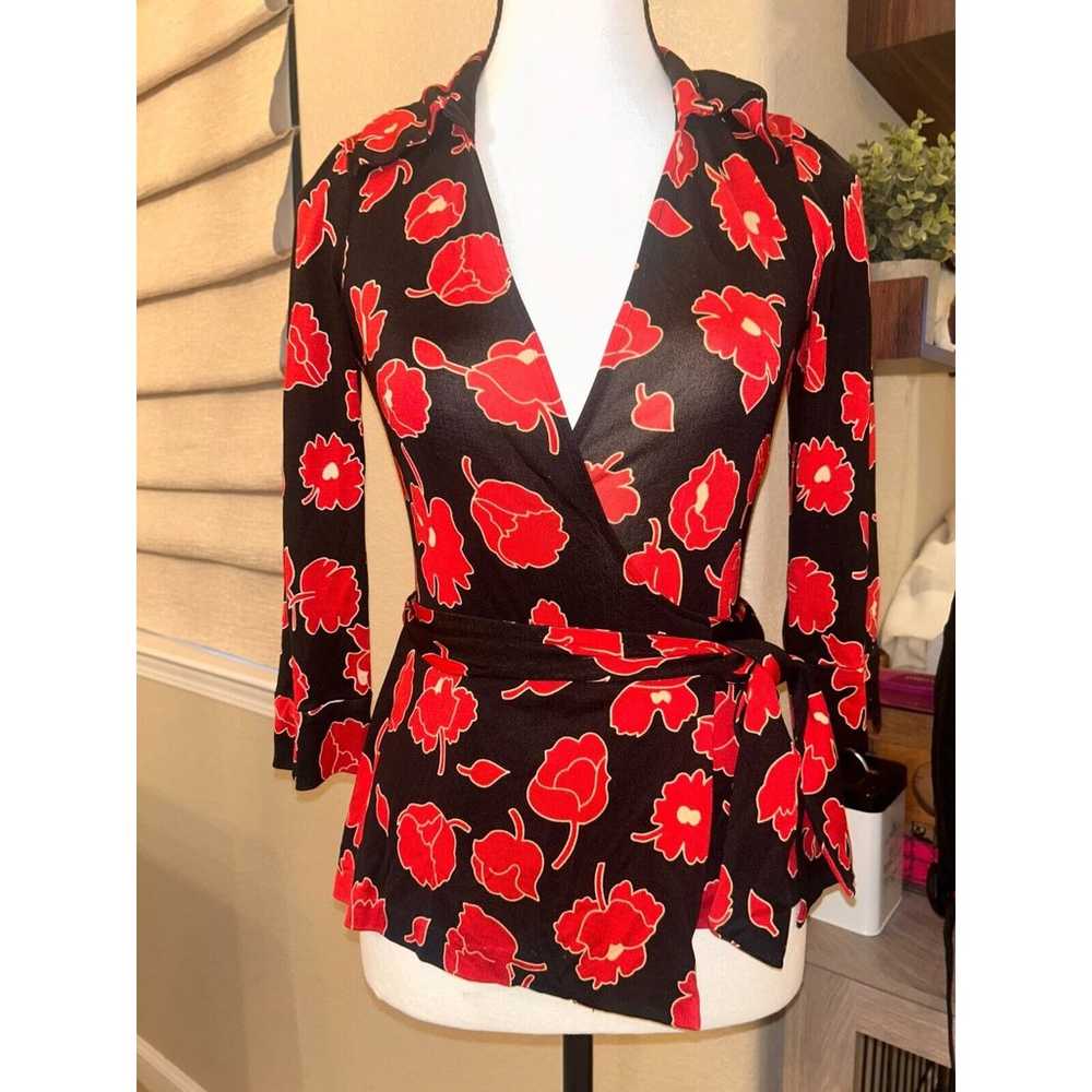 DVF Vintage black red 100% silk floral wrap aroun… - image 1