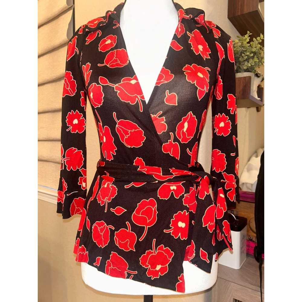 DVF Vintage black red 100% silk floral wrap aroun… - image 5