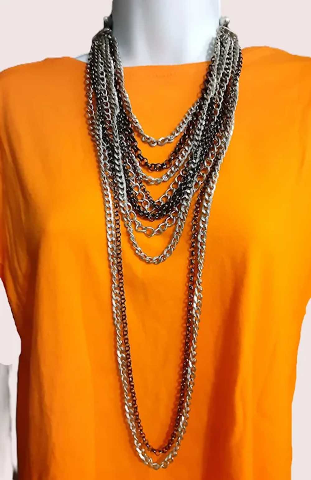 Vntg Bold Multi-layered Chain Necklace, Black & S… - image 2