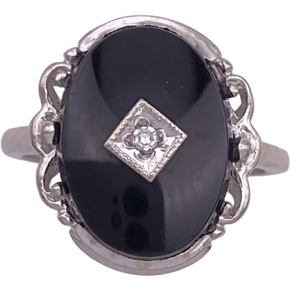 Vintage Onyx and Diamond Ring 10K White Gold - image 1