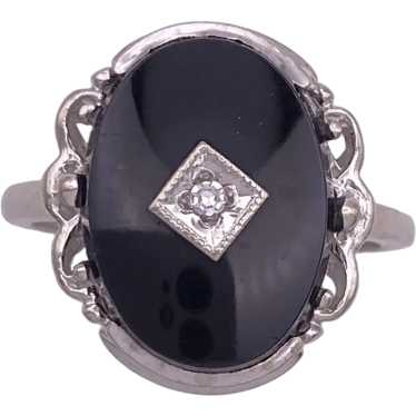 Vintage Onyx and Diamond Ring 10K White Gold