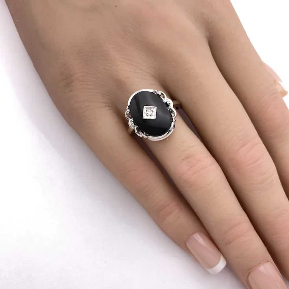 Vintage Onyx and Diamond Ring 10K White Gold - image 2