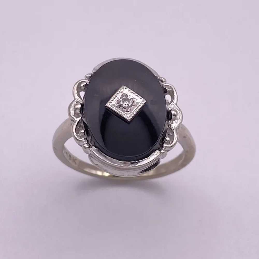 Vintage Onyx and Diamond Ring 10K White Gold - image 3