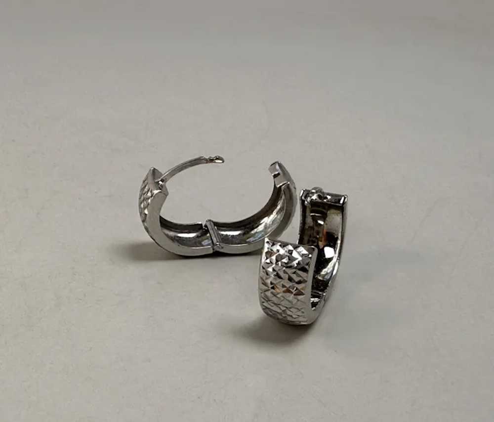 Vintage Bright Cut 14K White Gold Huggie Earrings - image 2