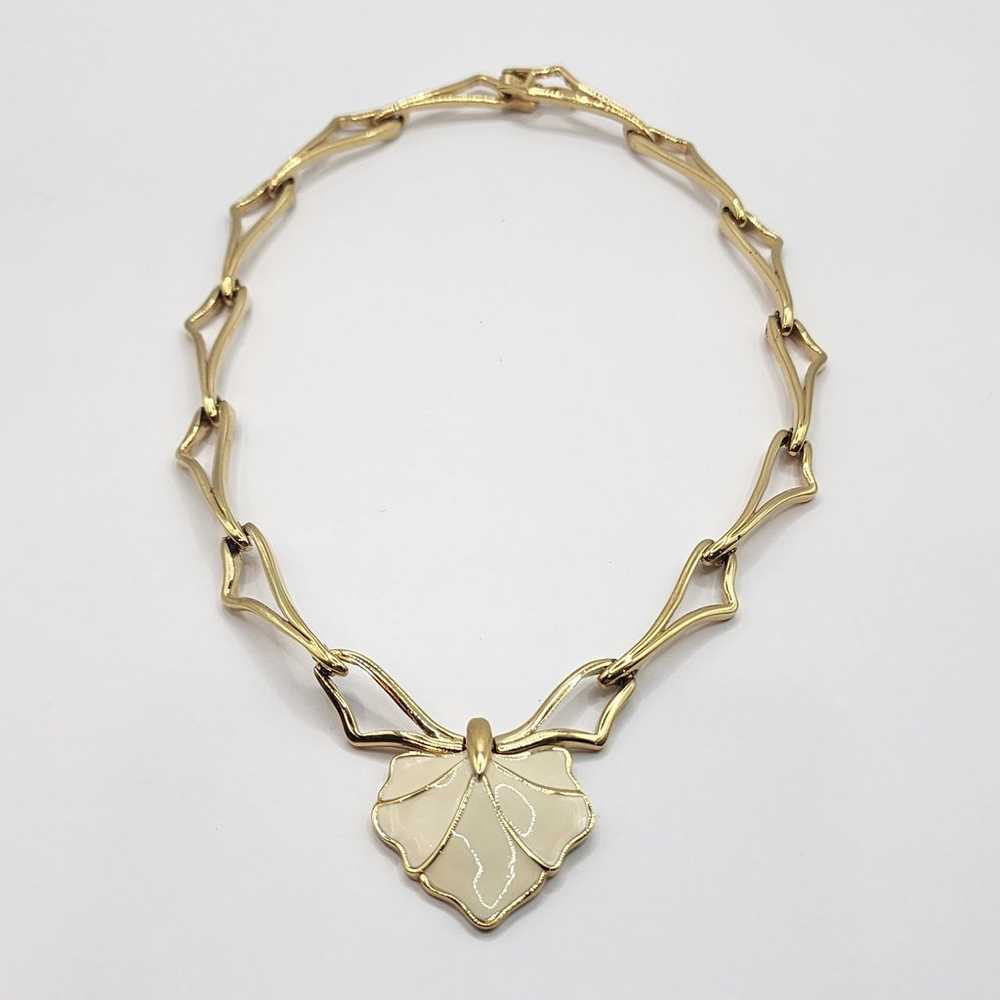 Vintage monet gold toned ivory leaf choker neckla… - image 1