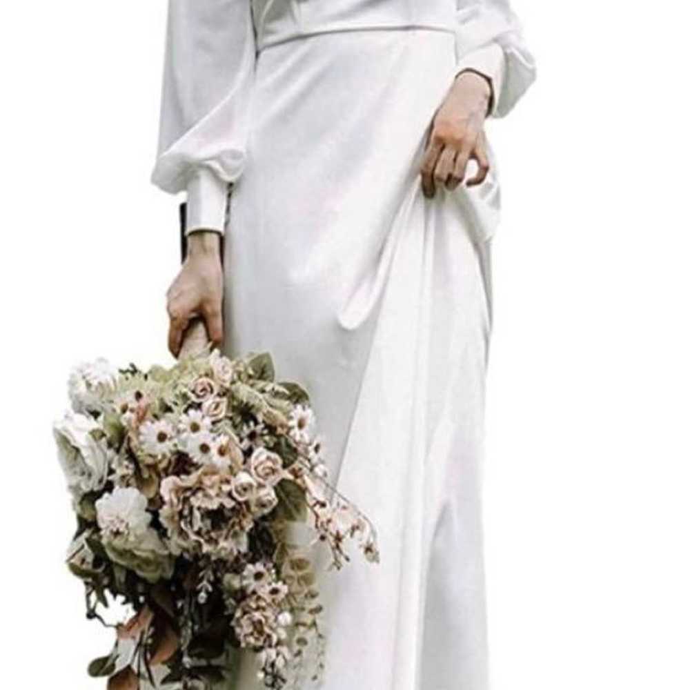 White V-neck Long Sleeve Wedding Dress, Size L - image 3