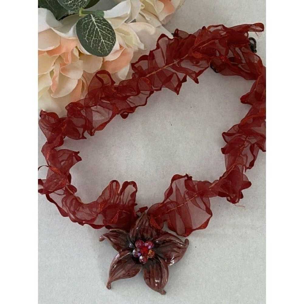 Vintage Ooak Enamel Flower Necklace Red - image 1