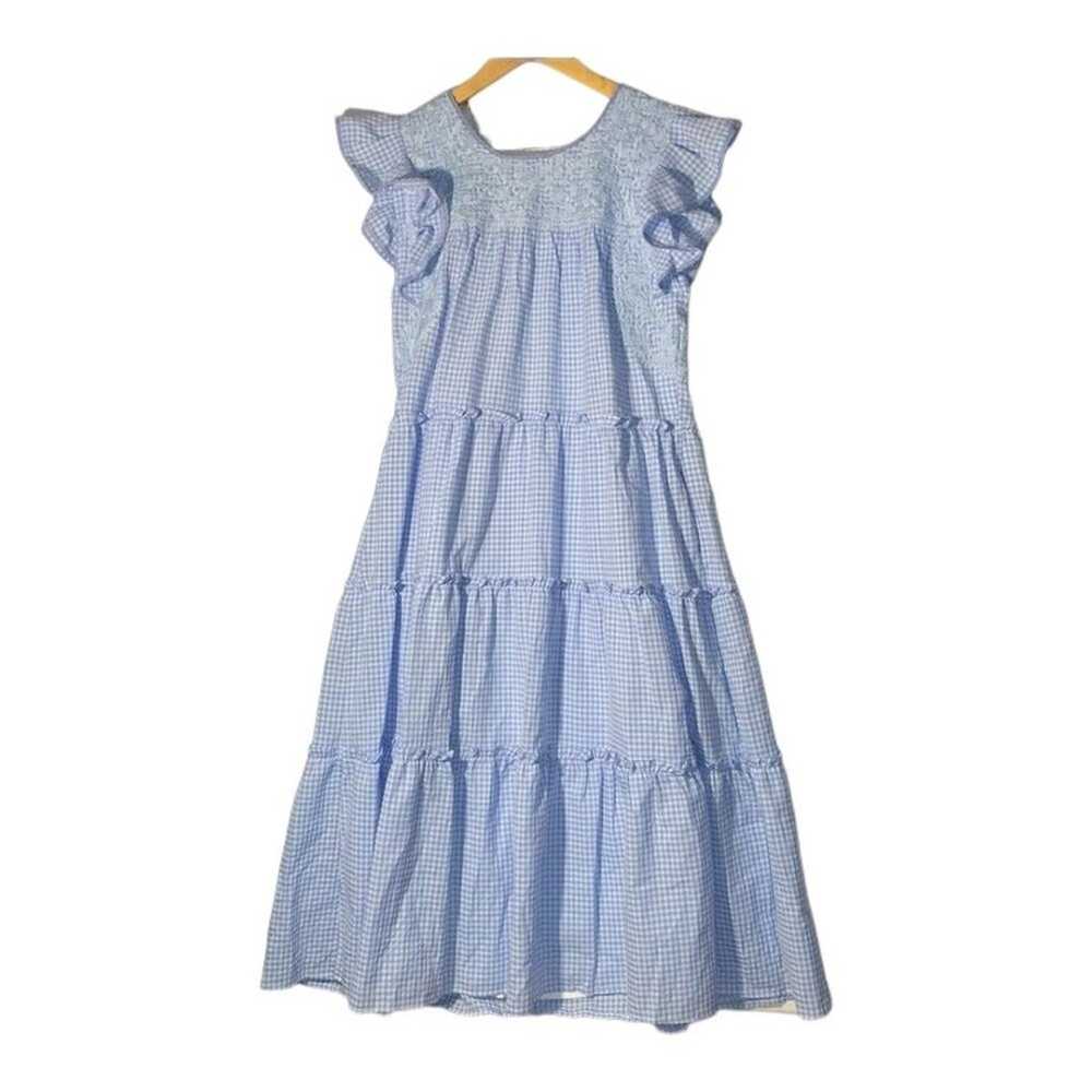 J Marie Blue Gingham Embroidered Midi Dress sz sm… - image 1