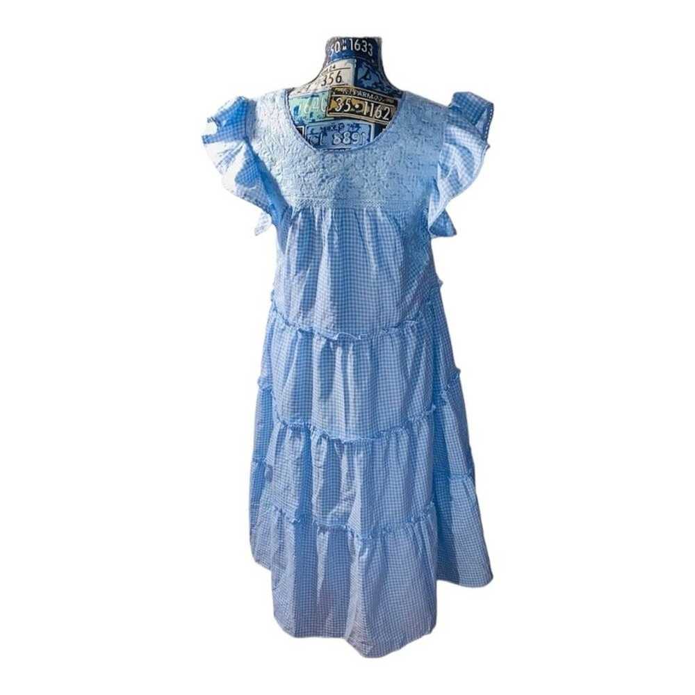 J Marie Blue Gingham Embroidered Midi Dress sz sm… - image 7