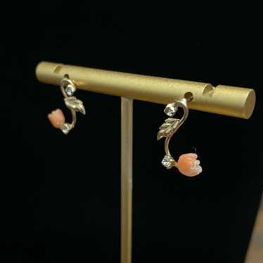 14k Gold Carved Coral Tulip and Cubic Zirconia Flo