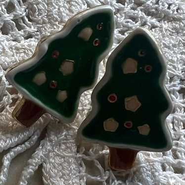 Vintage Enameled Christmas Tree EARRINGS Holiday … - image 1