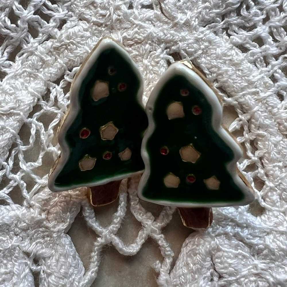 Vintage Enameled Christmas Tree EARRINGS Holiday … - image 2