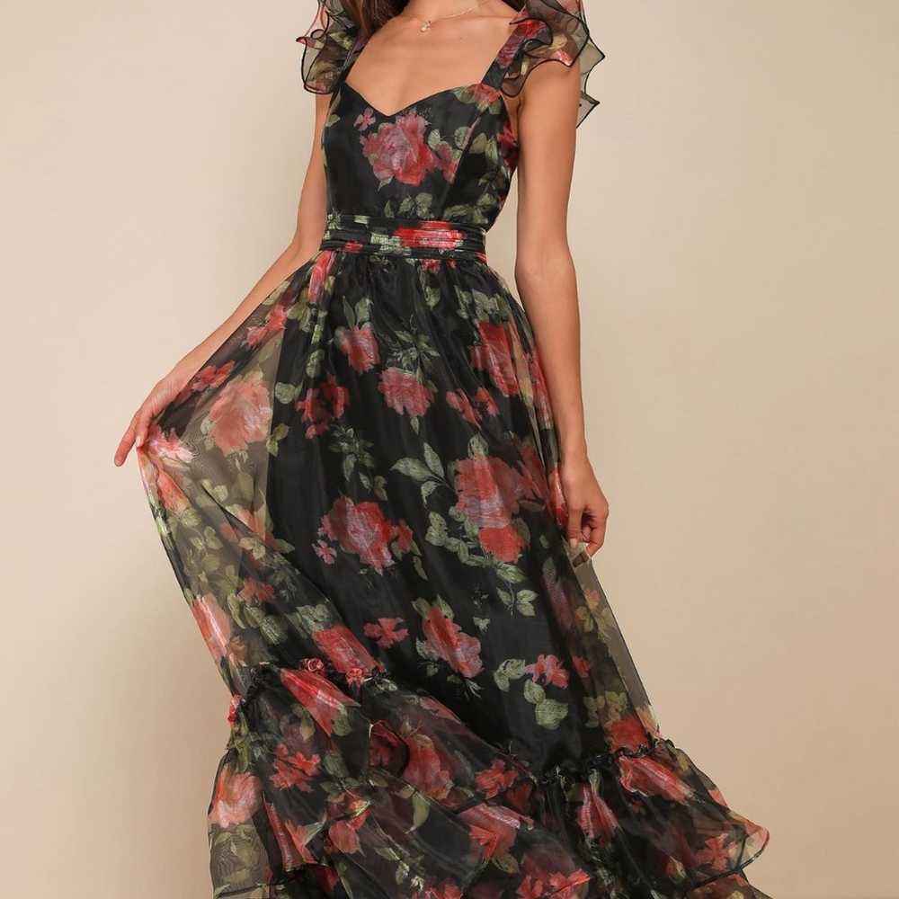 Lulus Black Floral Organza Ruffled Tiered Maxi Dr… - image 1