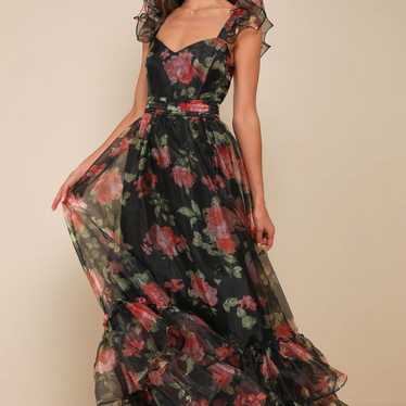 Lulus Black Floral Organza Ruffled Tiered Maxi Dre