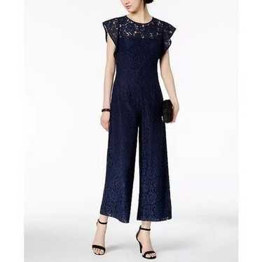 Donna Ricco Navy Blue Lace Flutter Sleeve Jumpsuit