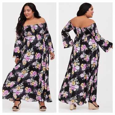 Black Floral Challis Off Shoulder Maxi Dress