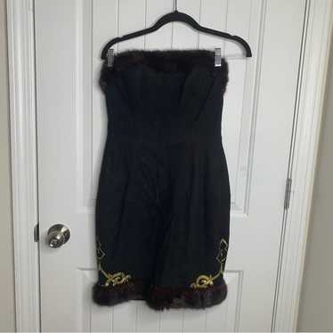 Vintage black suede leather fur trim strapless dr… - image 1