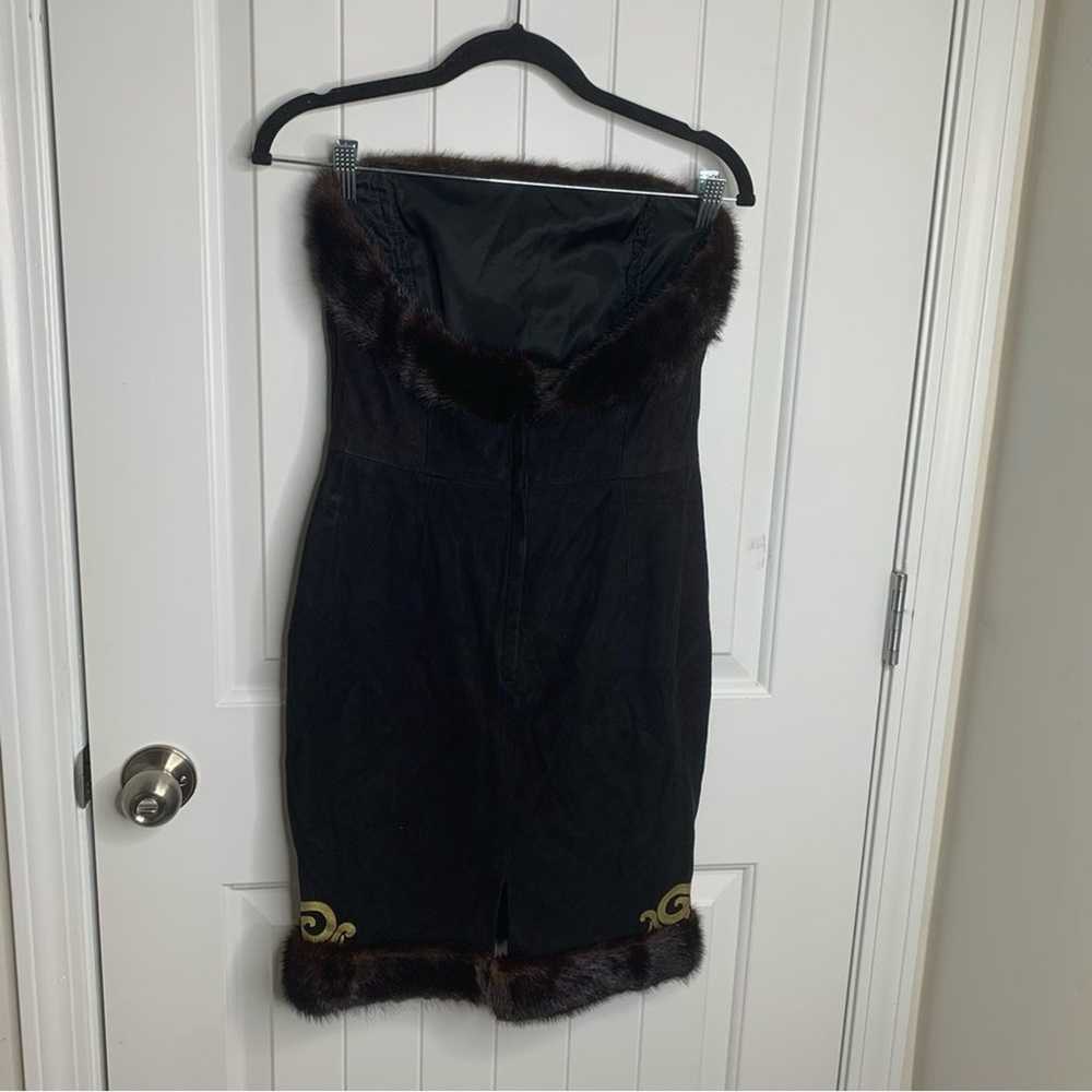 Vintage black suede leather fur trim strapless dr… - image 3