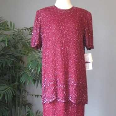 Vintage 1980s Beaded Gown Brilliante Burgundy 2 p… - image 1