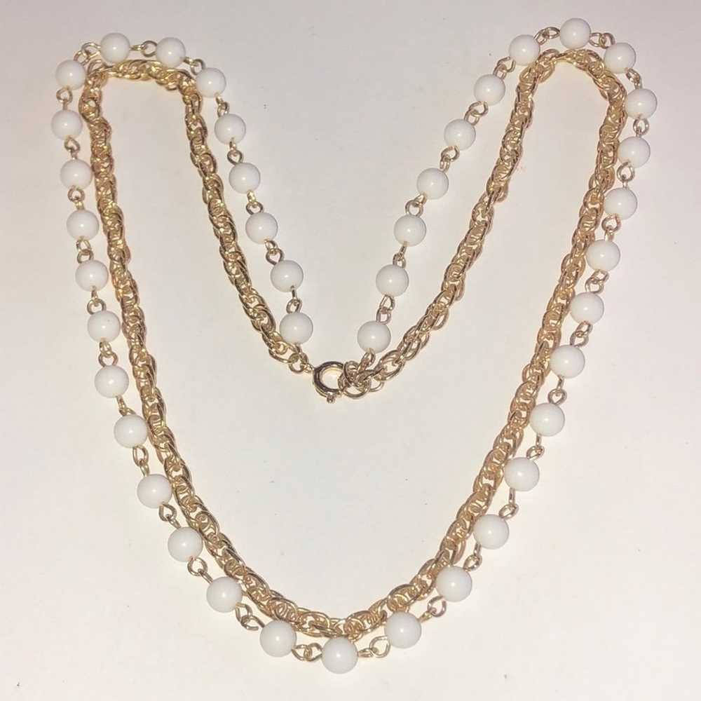 Vintage Gold Tone White Beaded Double Strand Boho… - image 1