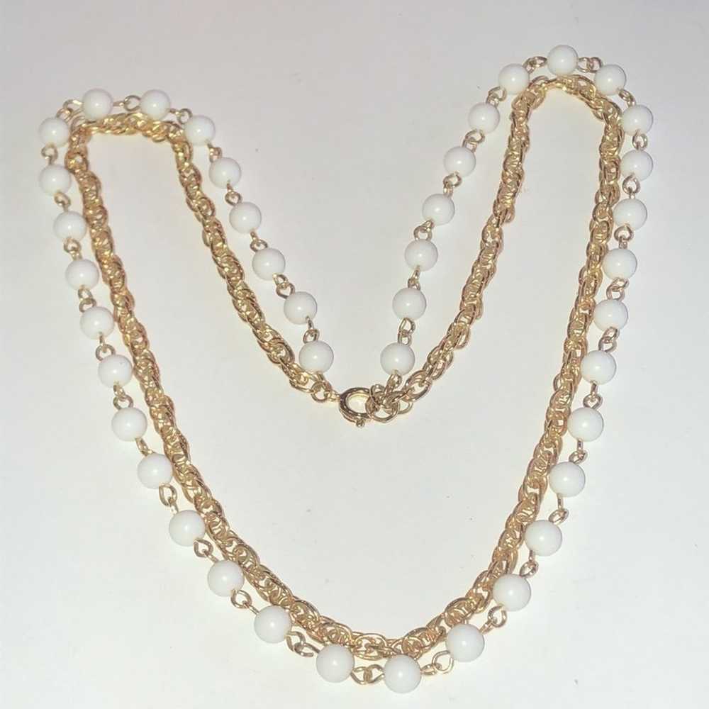 Vintage Gold Tone White Beaded Double Strand Boho… - image 2