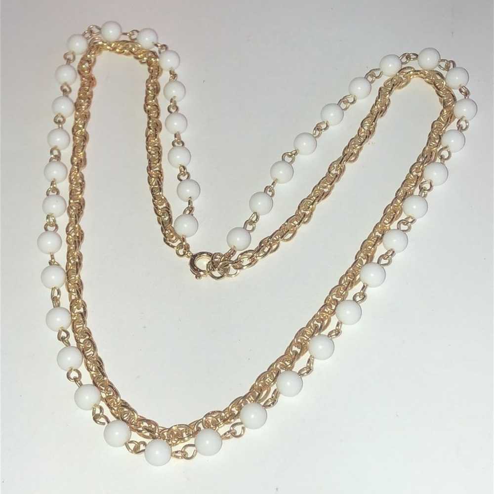 Vintage Gold Tone White Beaded Double Strand Boho… - image 3