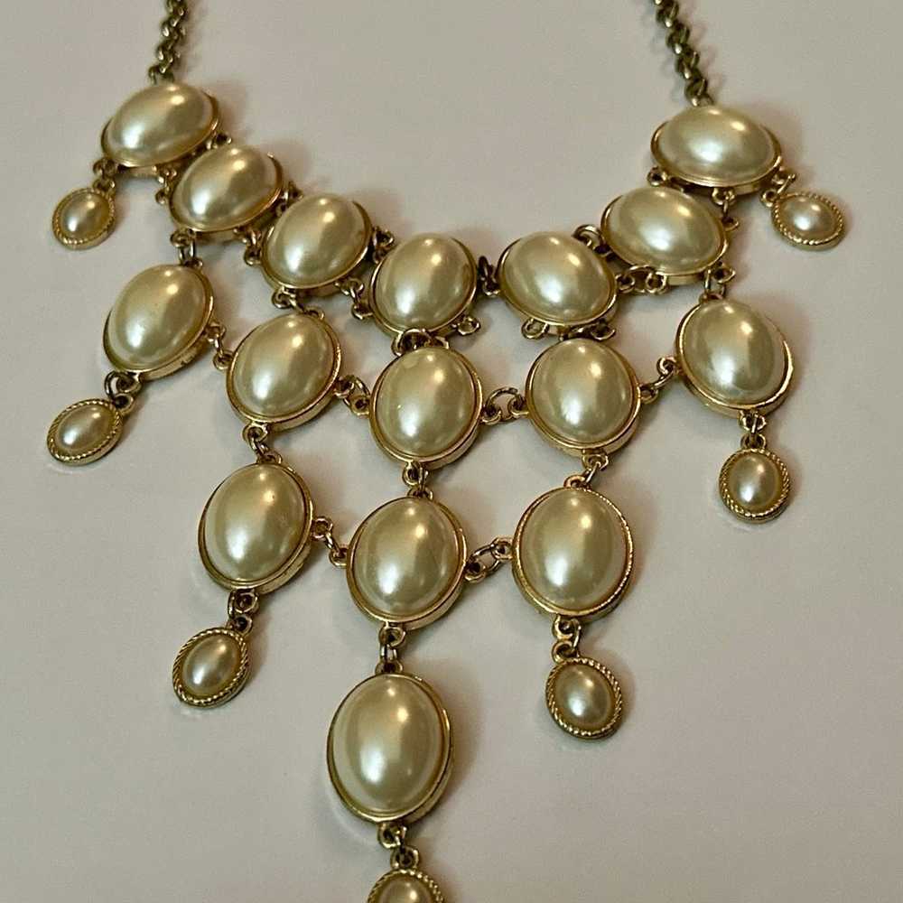 Vintage Gold Tone Faux Pearl Bib Necklace with Ad… - image 11