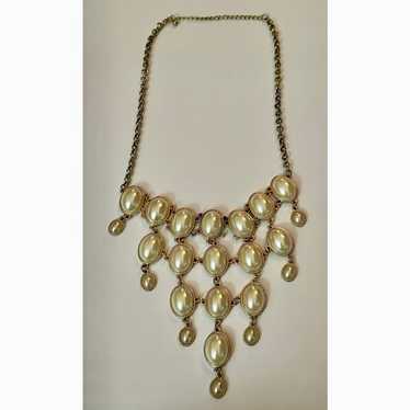 Vintage Gold Tone Faux Pearl Bib Necklace with Ad… - image 1