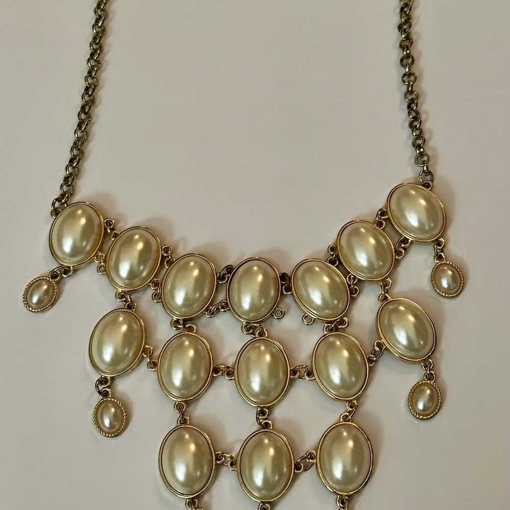 Vintage Gold Tone Faux Pearl Bib Necklace with Ad… - image 2