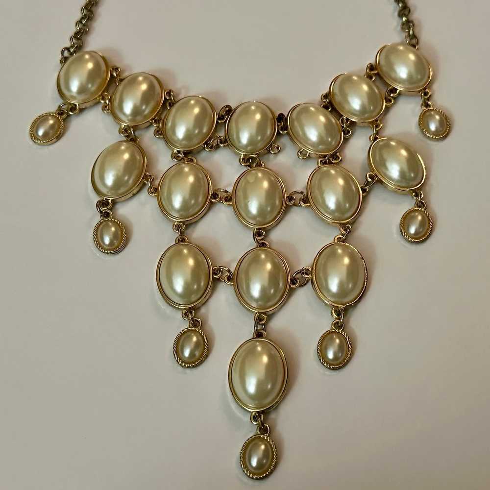 Vintage Gold Tone Faux Pearl Bib Necklace with Ad… - image 3