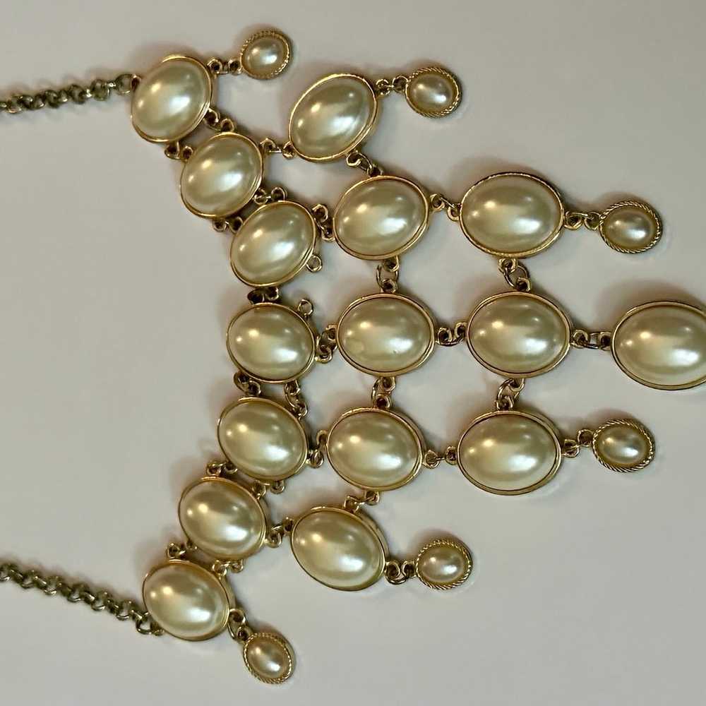 Vintage Gold Tone Faux Pearl Bib Necklace with Ad… - image 4