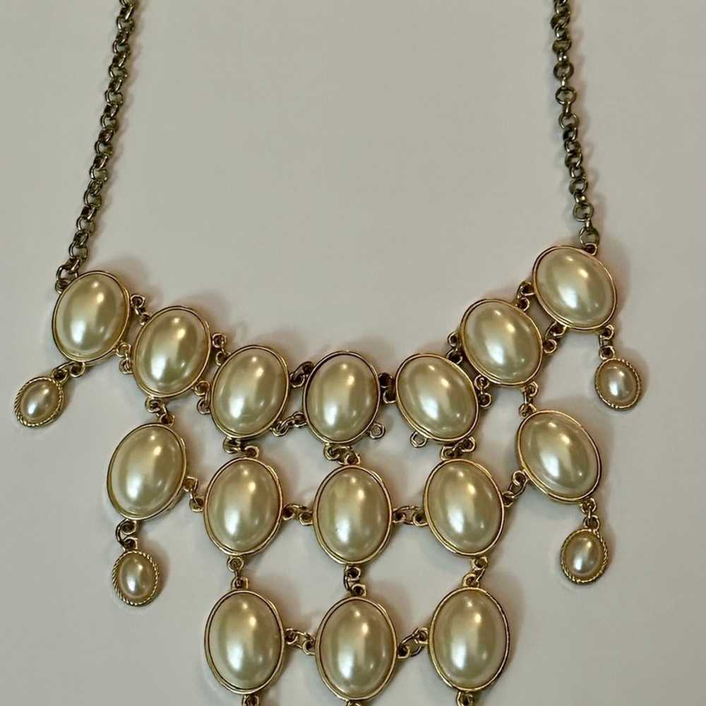 Vintage Gold Tone Faux Pearl Bib Necklace with Ad… - image 6