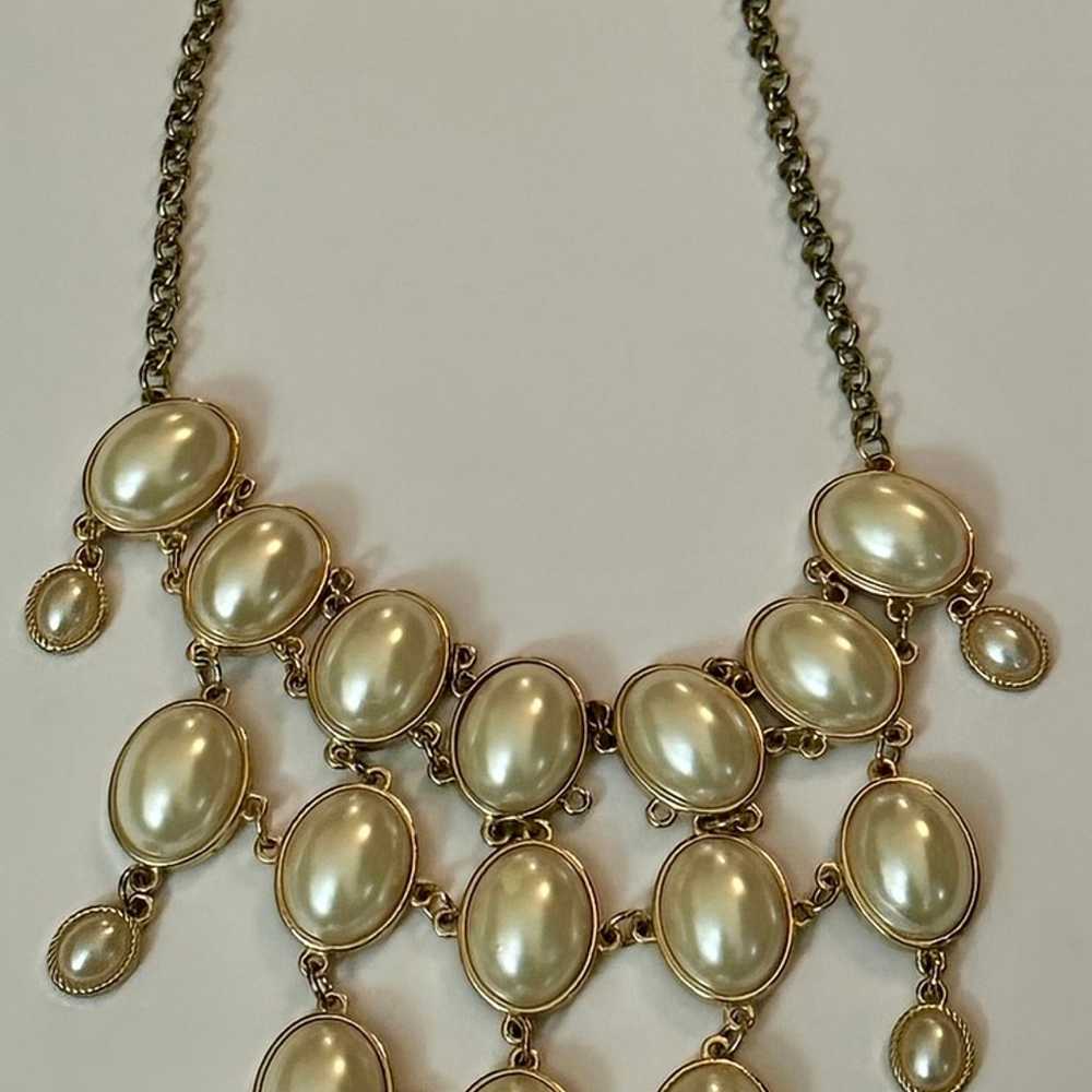 Vintage Gold Tone Faux Pearl Bib Necklace with Ad… - image 7