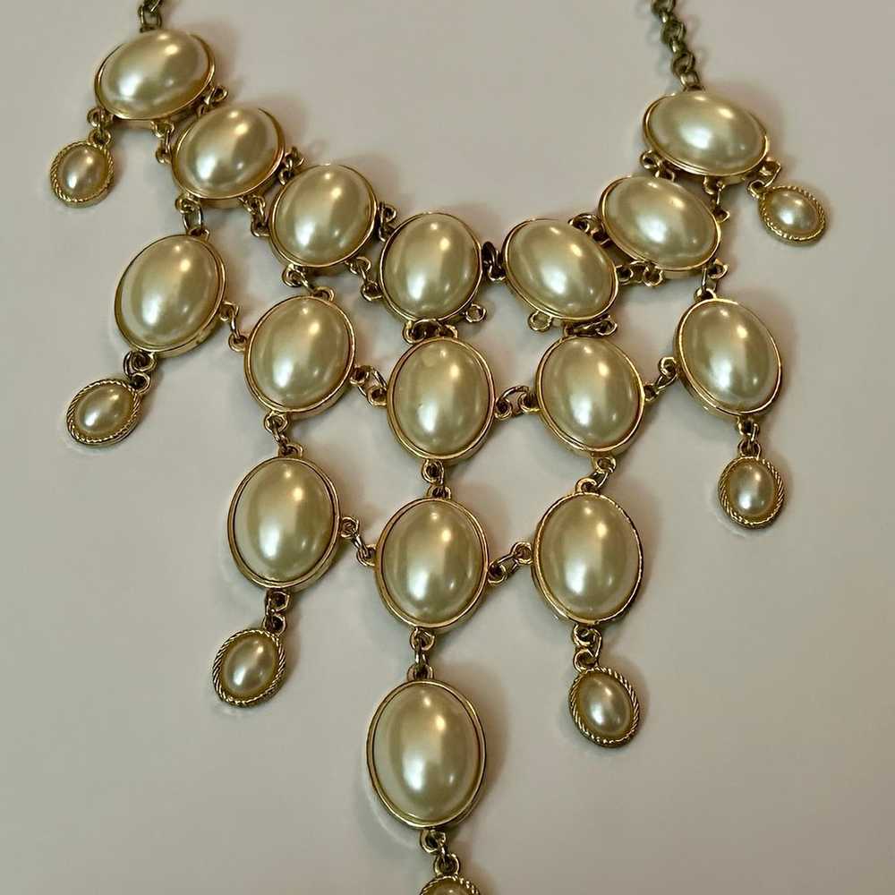 Vintage Gold Tone Faux Pearl Bib Necklace with Ad… - image 9