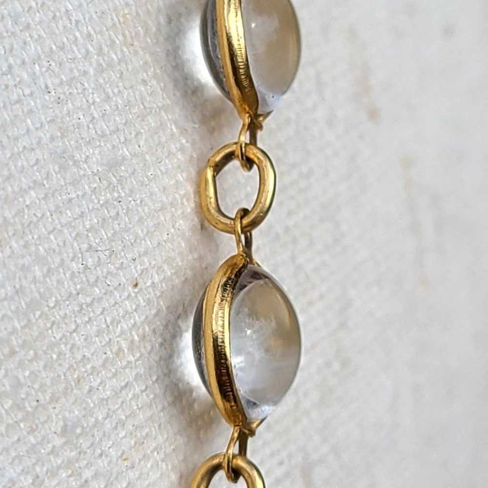 Long gold tone necklace with clear glass bezel be… - image 12