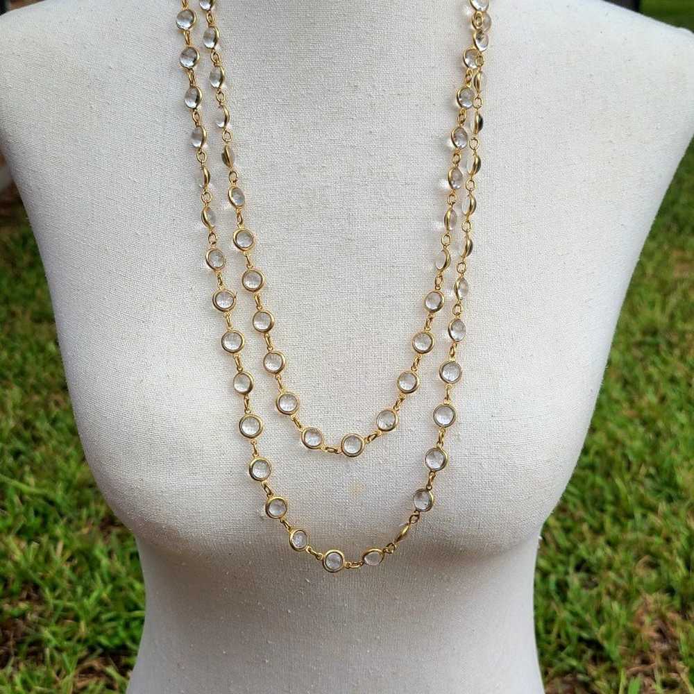 Long gold tone necklace with clear glass bezel be… - image 2