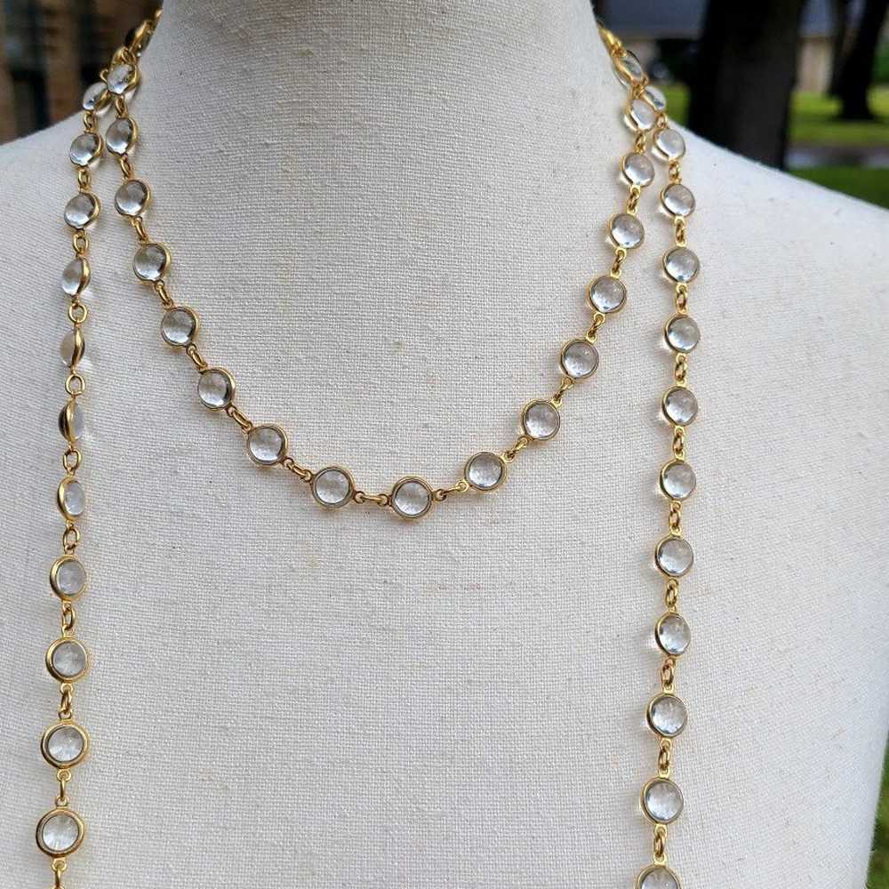 Long gold tone necklace with clear glass bezel be… - image 3