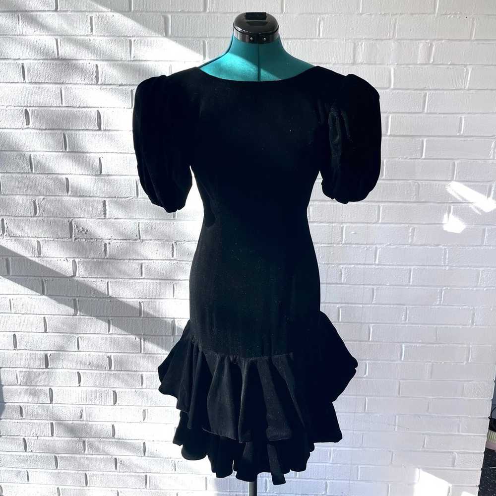 Vintage 80s black velvet drop waist dress with ho… - image 3